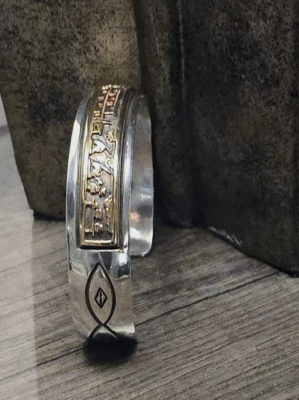 Silver Cuff with Architectural Gold Inlay Native Pueblo Village Cuff